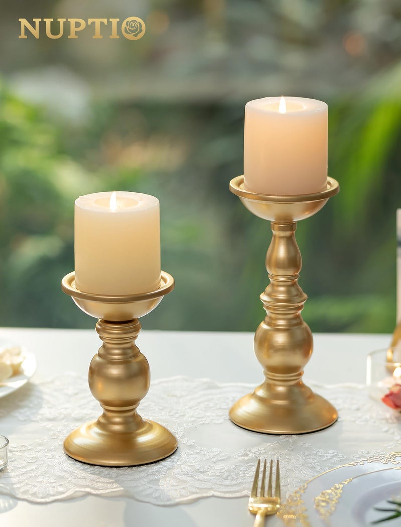 NUPTIO 2 Pcs Gold Pillar Candle Holders, Gold Candlestick Most Ideal for 3" Pillar Candles, Gifts for Wedding, Party, Home, Spa, Reiki, Votive Candle (S + L) - Image 4